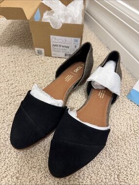 TOMS Black Suede/Metallic Woven D'Orsay Pointed Flats ~ Brand New in Box
